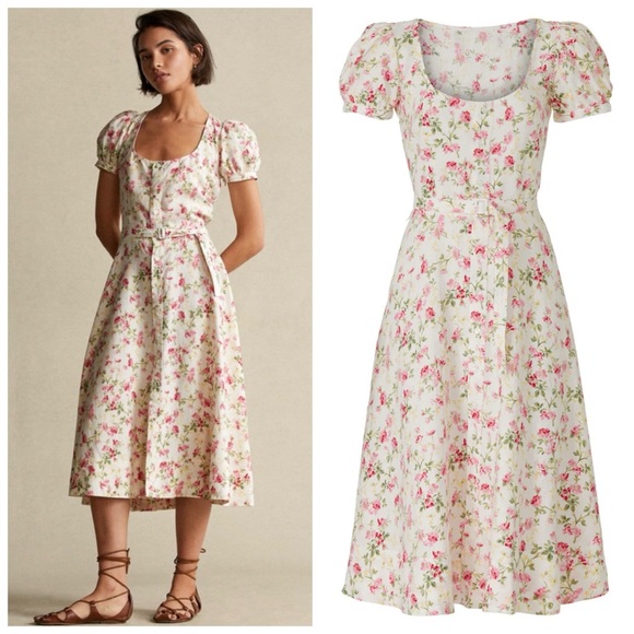 Polo Ralph Lauren Elizabeth Floral Short-Sleeve Linen Dress Sweet Pea Size 14 - Picture 1 of 9